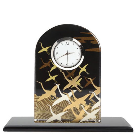 蒔絵ガラス置き時計 波に鶴