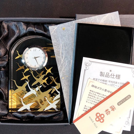 蒔絵ガラス置き時計 波に鶴