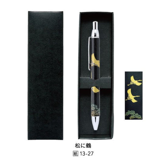 13-27 蒔絵ボールペン・本革巻き・黒革・紙箱入り・松に鶴